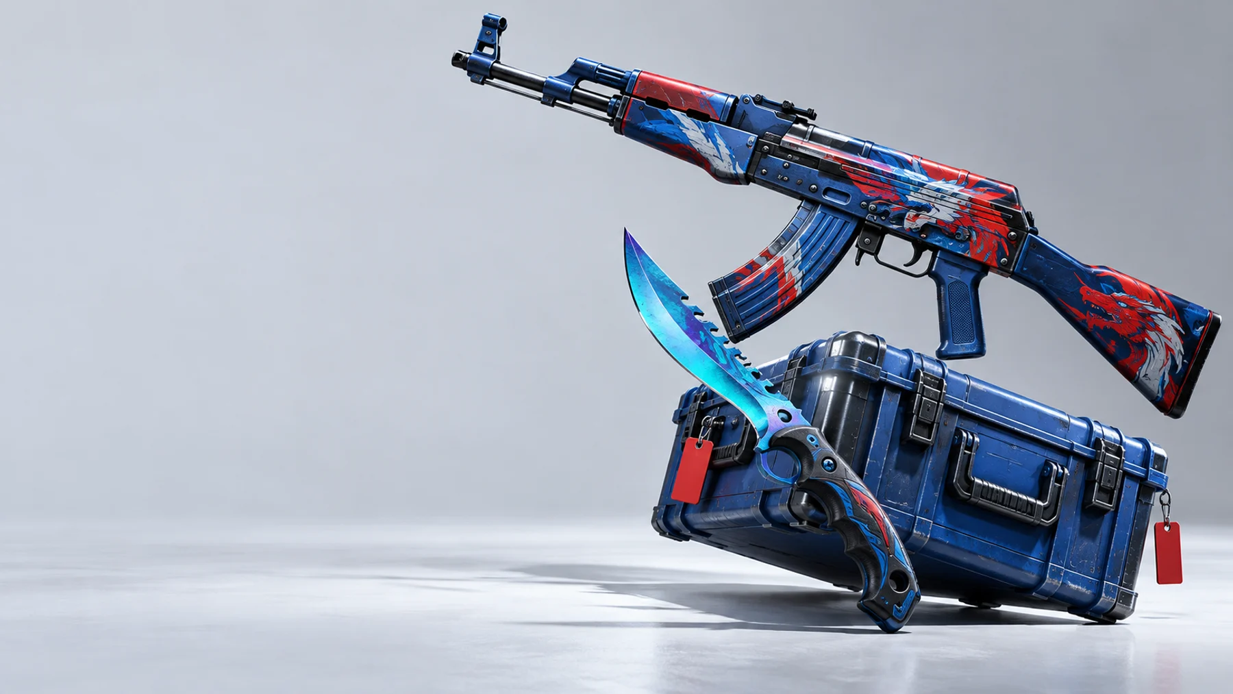 A curated collection of CS2 skins in a bright product studio